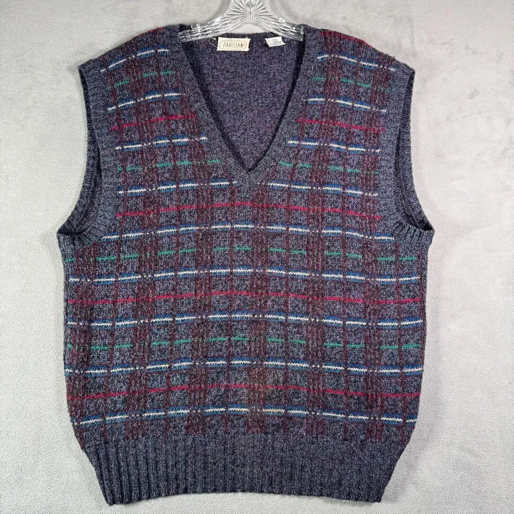 VTG Parisian Sweater Vest Mens XL Blue Plaid‎ Wool Blend Italy Made Golf Preppy